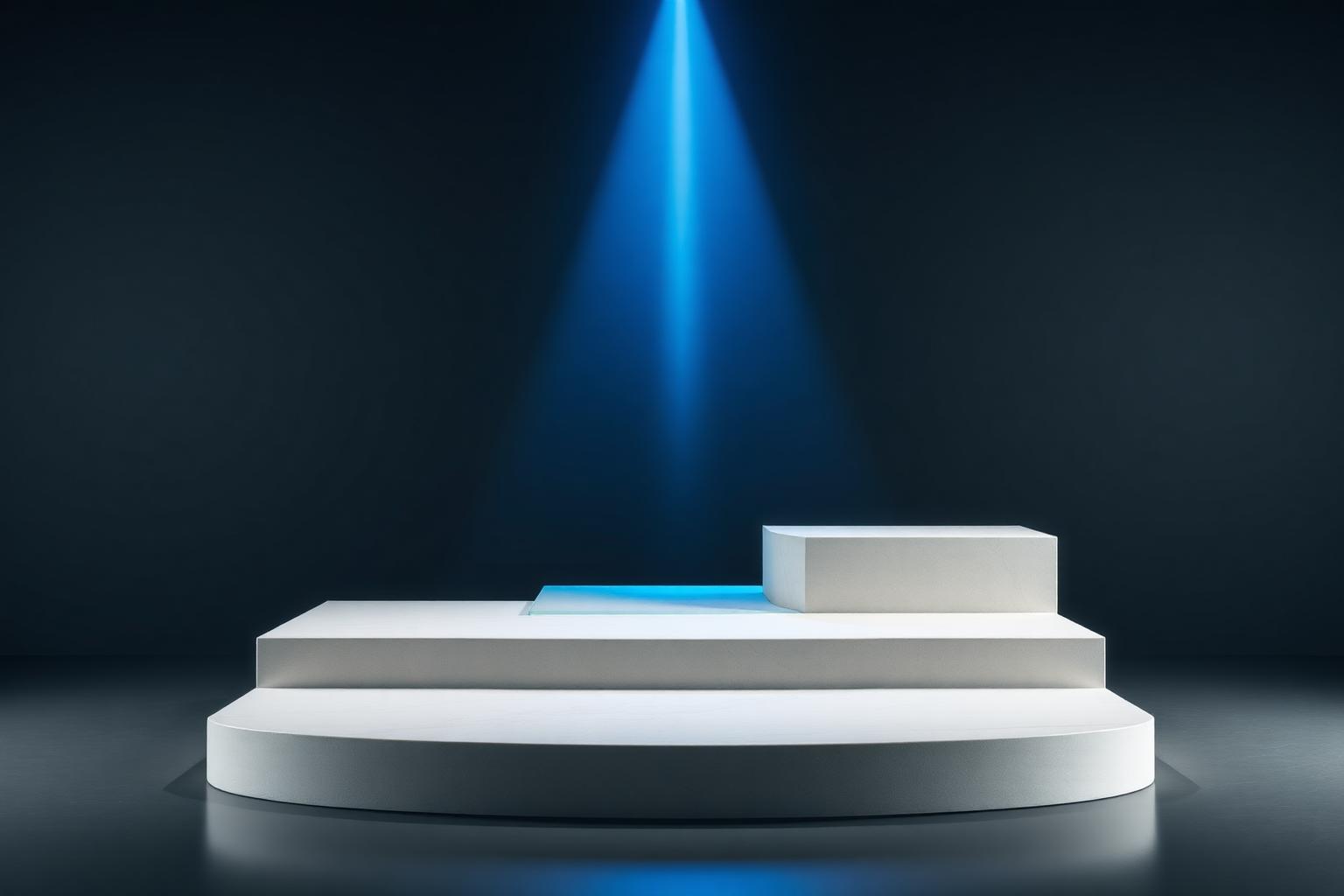 Three ascending platforms lit by a rising blue beam, representing the three phases of paid scale